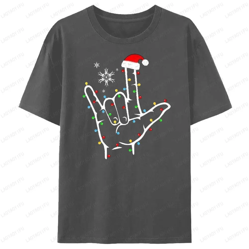 Asl أنا أحبك علامة اليد قبعة عيد الميلاد تي شيرت مطبوع أضواء عيد الميلاد الجرافيك تي شيرت لغة الإشارة هدية للرجال والنساء بلايز #5