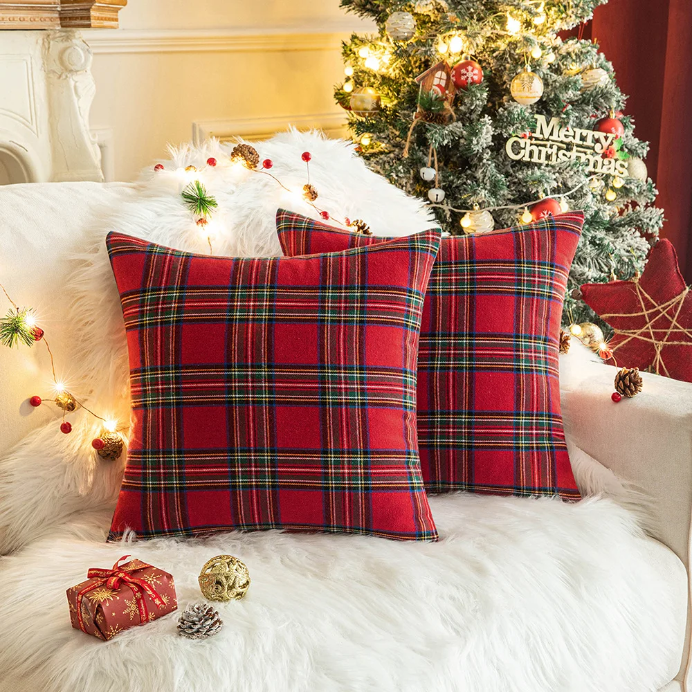 18x18 Inch Christmas Pillow Cases Checkered Cushion Cover Decorative for Sofa Plaid Woven Pillowcase for Festive Party Occasions