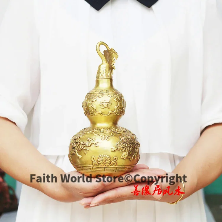 20CM- company shop home TOP efficacious Mascot Talisman bring wealth fortune Chinese FENG SHUI lucky cucurbit gourd brass statue