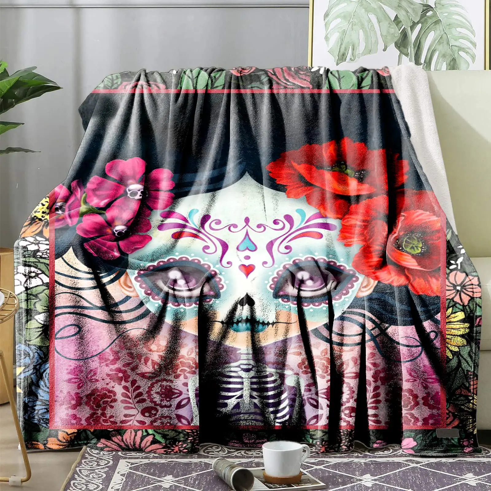 Day of The Dead Girl Sugar Skull Blanket Rose Flowers Throw Blankets Soft for Gift Bed Sofa Lightweight Flannel Blanket Bedding