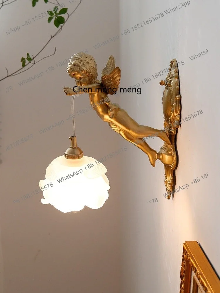 

Hot sales French all-copper angel wall lamp medieval living room bedroom study aisle wall American retro light luxury crystal la