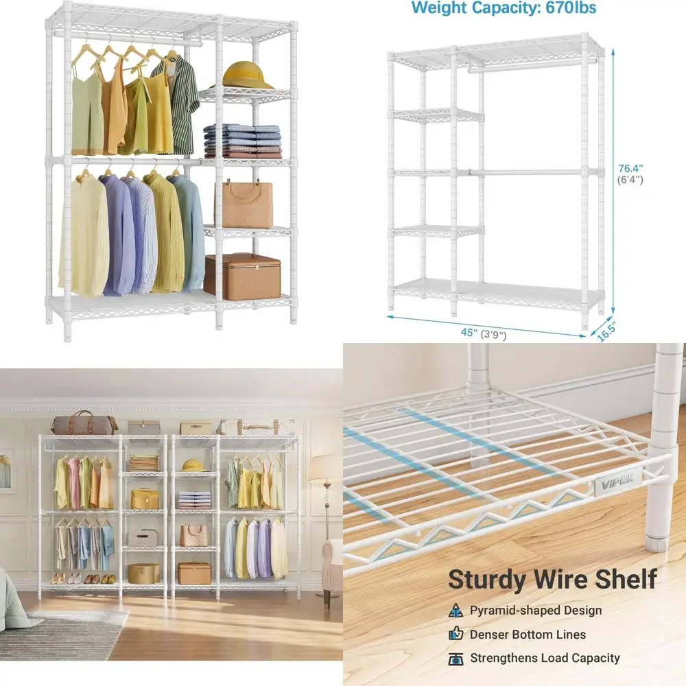 

Heavy-Duty Portable Metal Clothes Rack with Shelves and 5 Tie Bars, Ideal for Hanging and Organizing Garments