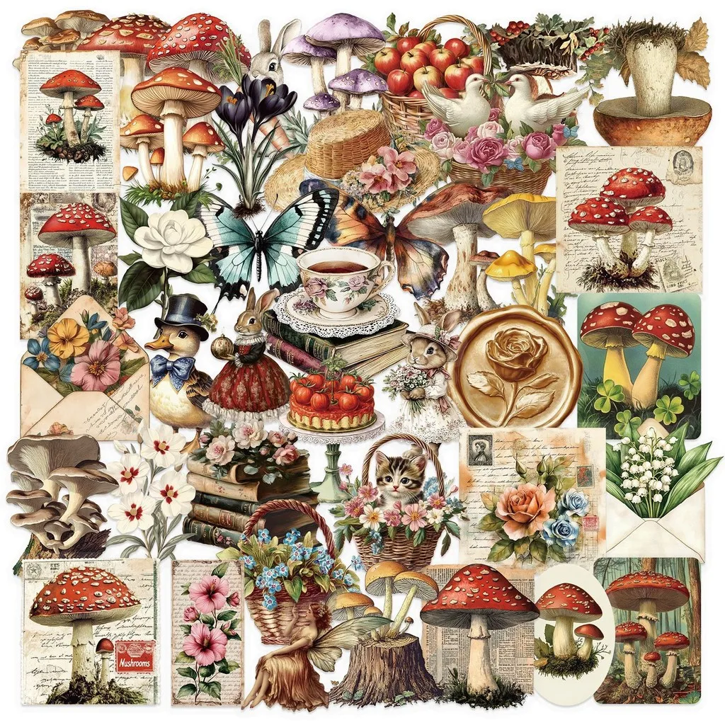 50PCS Transparent INS Vintage Mushroom Sticker Pack - Waterproof PET for Scrapbooking, Guitar Notebook LanLanStickersWorld Store
