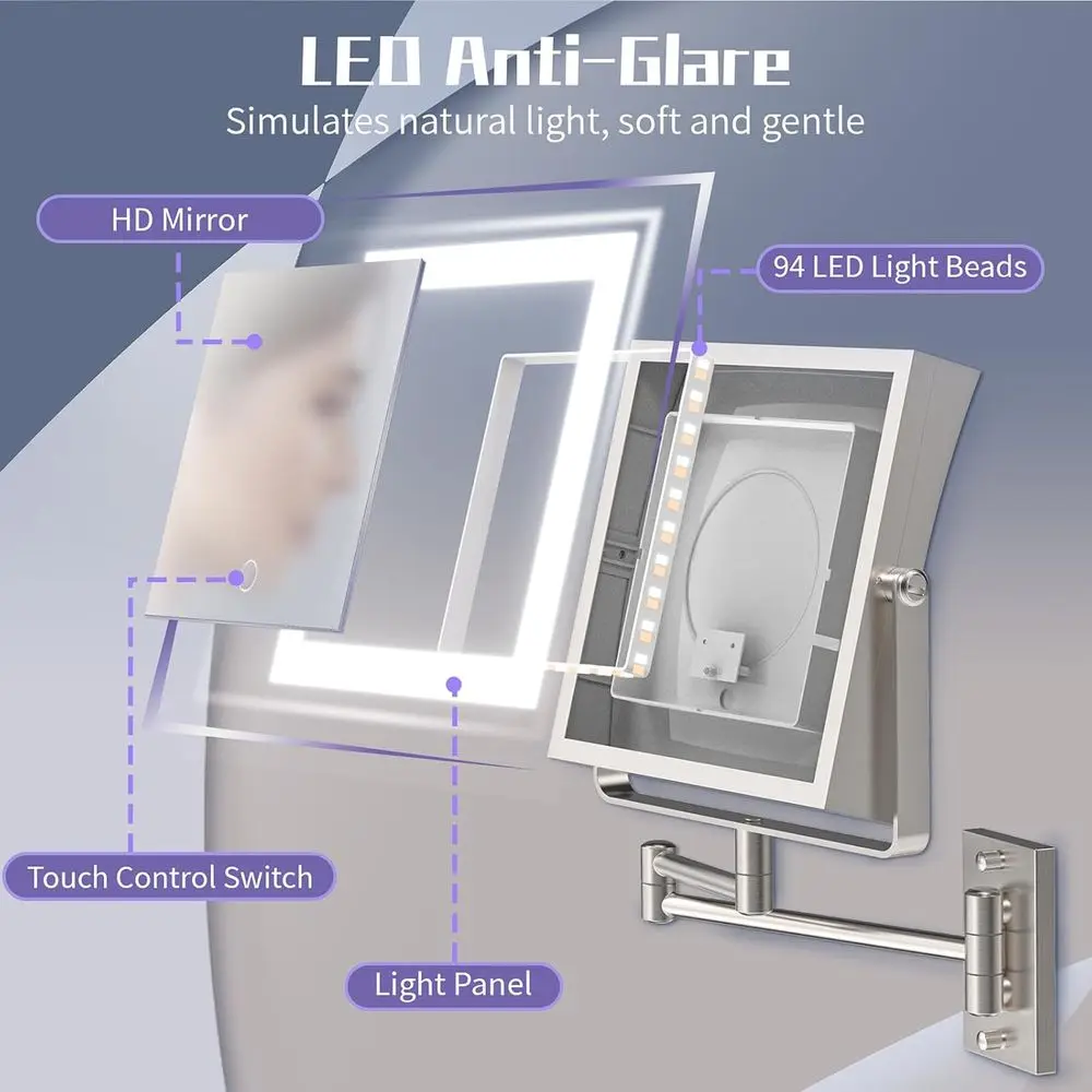 مرآة مكياج مضيئة بإضاءة LED على الوجهين، قابلة لإعادة الشحن بقدرة 4000 مللي أمبير في الساعة، تكبير 1X/10X، قابلة للتعتيم باللمس 360 درجة ° ذراع دوار للخفافيش #5