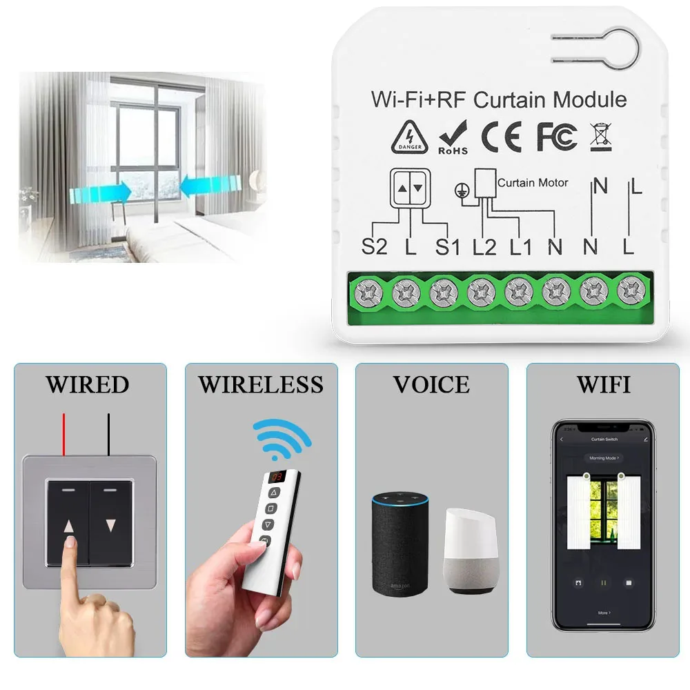 Tedeligo Tuya WiFi RF interruptor de cortina inteligente, módulo de Control de persianas enrollables de 110V 220V con control remoto inalámbrico,