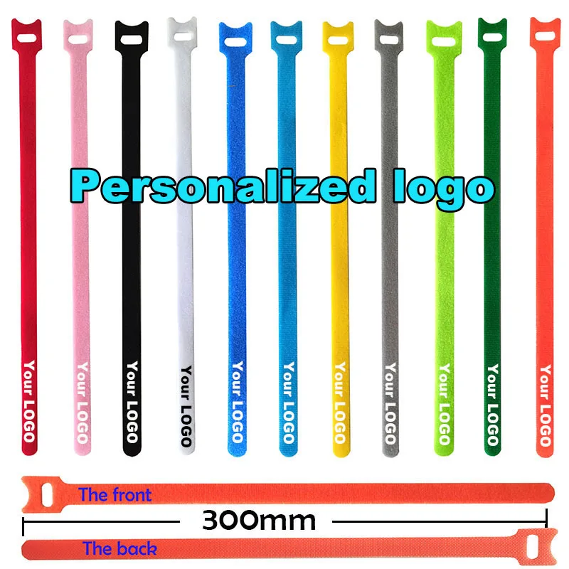 100pcs/lot 2cm wide 30cm length Personalized logo  cable ties Adhesive Fastener Hook  Loop stick bulcker Belt Bundle Wire Line