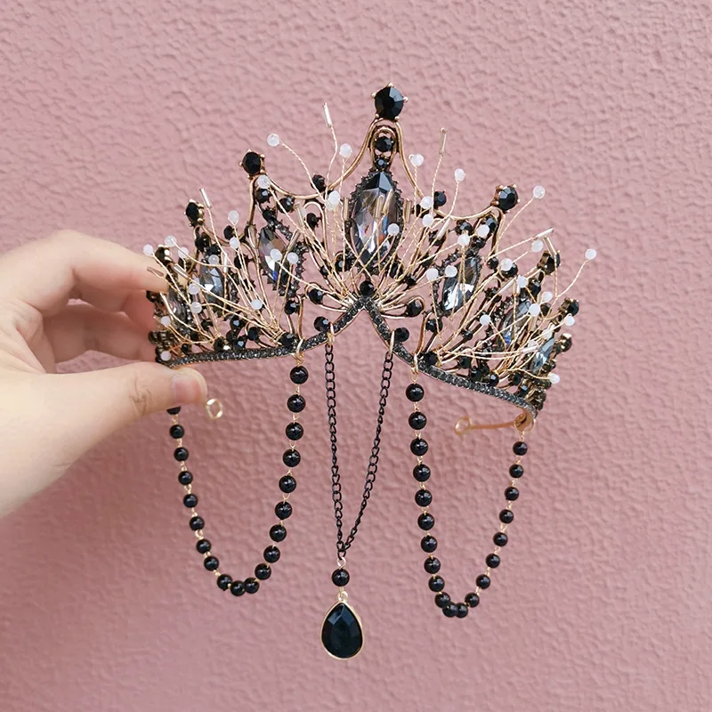 Couronne à pampilles foncées Tuinga vierge exotique, coiffure noire pour défilé, accessoires pour cheveux front occidentaux