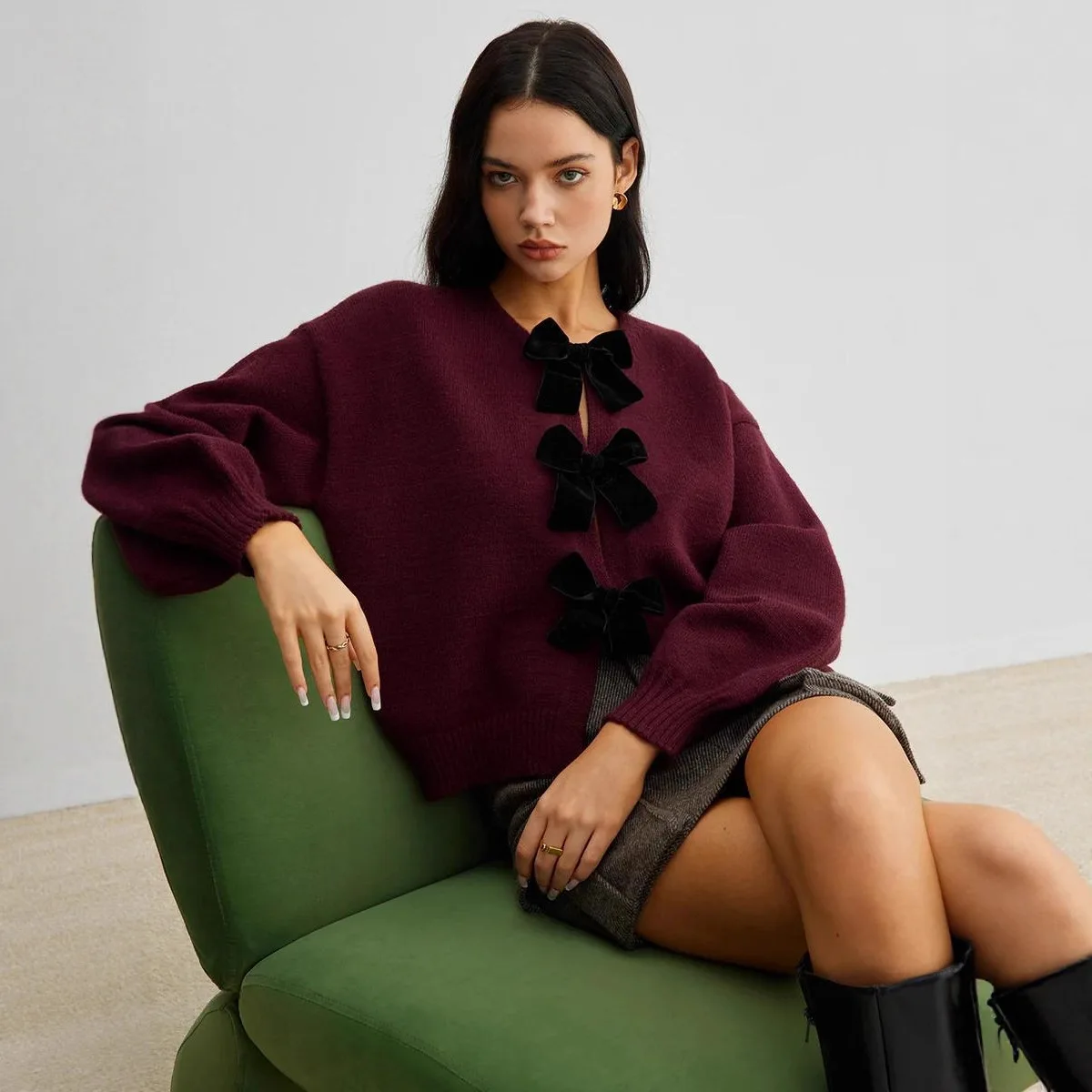 

2025 Autumn Winter New Knitted Sweater Fashionable Lazy Style with Bow Knitted Cardigan