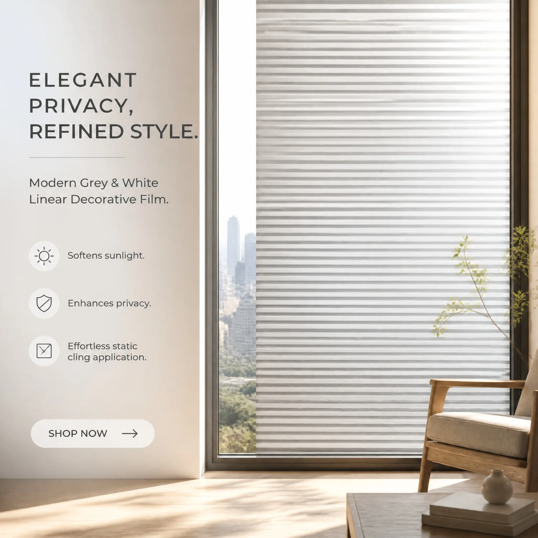 Modern Grey White Horizontal Line Privacy Window Film Built-in Adhesive Soft Light Filter Cuttable PVC for Minimalist Home Apart