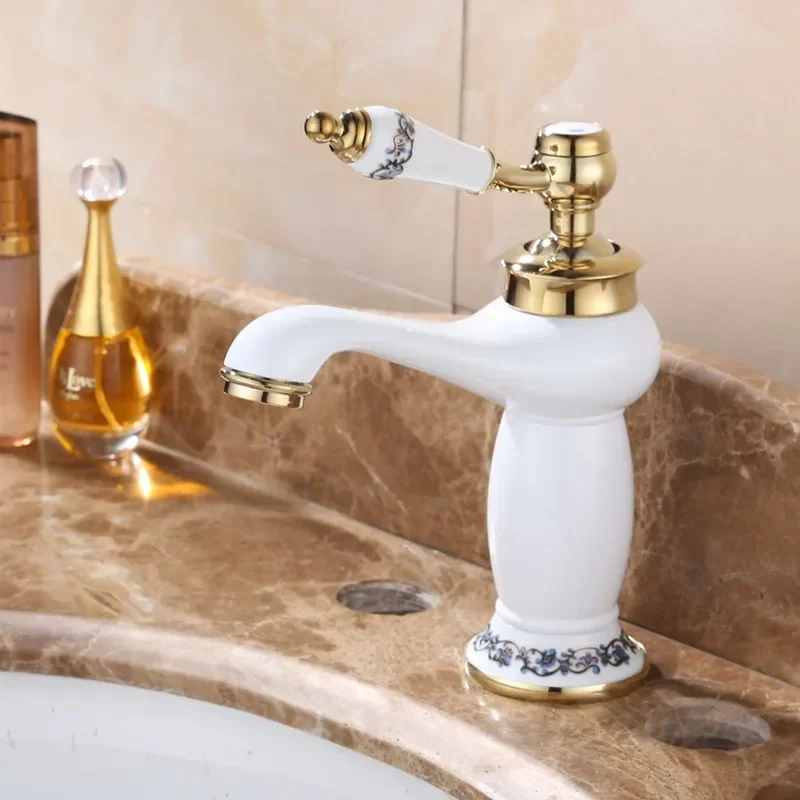 Single Handle Mixer Tap Copper Brass Latin Faucet High Quality Basin White Ceramic Faucet Golden Finish Bathroom Mixer Taps