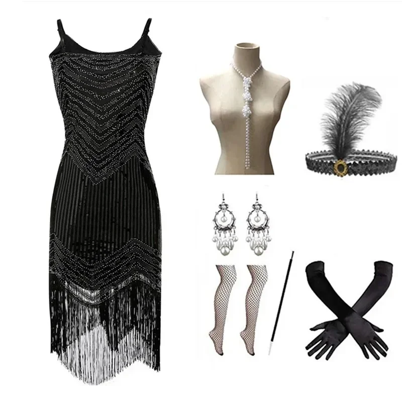 فستان كاميس بدون أكمام للنساء ، شرابة عالية الخصر ، ترتر ريترو ، فستان غاتسبي ، مأدبة سهرة ، ثوب كرة مثير ، فستان ميدي ، تريند