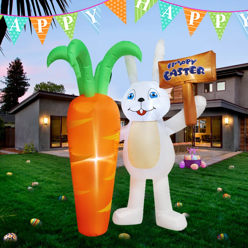 1.8M/5.9FT Inflatable Model Easter Holiday Festival Rabbit Sign Holding Carrot DIY Ornament Outdoor Garden Yard LED Light Decor