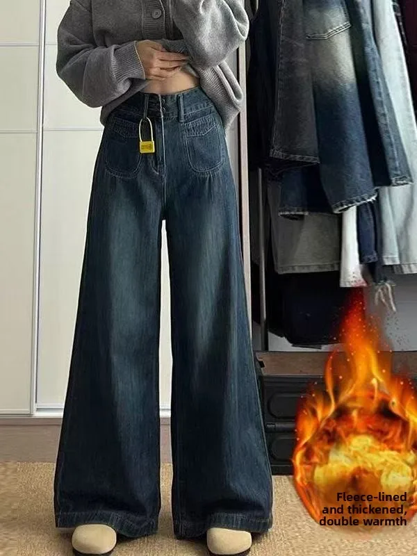 

Thiened Fce прямые джинсы с высокой талией, женские осенне-зимние винтажные свободные утягивающие широкие брюки большого размера