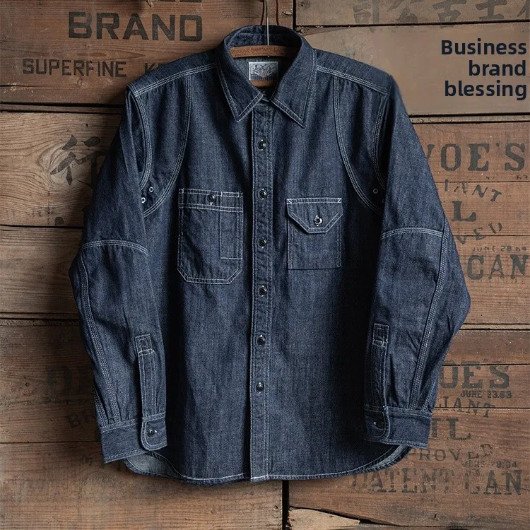 

Американская ретро-рабочая одежда: джинсовая футболка с вентиляционными прорезями, удлиненный рукав, утолщенная, для весны и осени