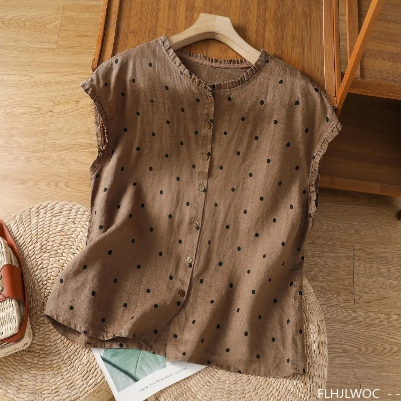 Coton lin chemises courtes mignon été corée Chic hauts Blusas FLHJLWOC Design Preppy Style filles femmes champignon volants Blouses