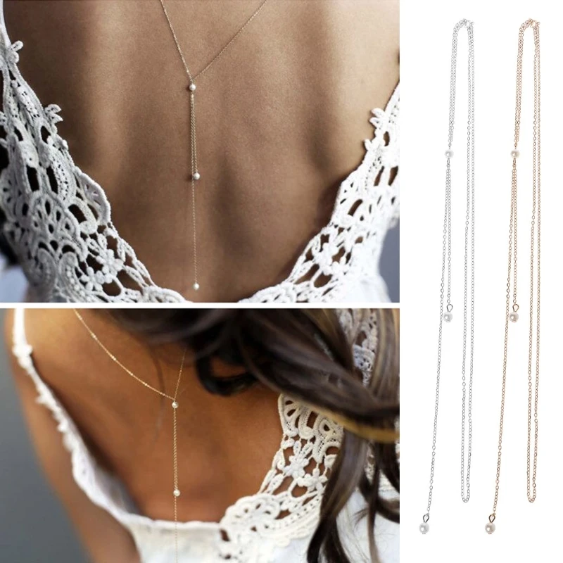 Women's Body Chain Belt Alloy Dangle Pearl Pendant Gothic Tassel Back Belt D5QB