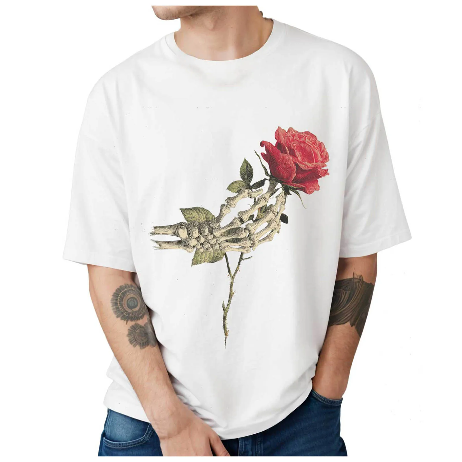 تي شيرت رجالي هالوين الهيكل العظمي اليد الوردي كم قصير قطرة الكتف الجولة الرقبة تي شيرت حجم كبير بلايز حمالة #5