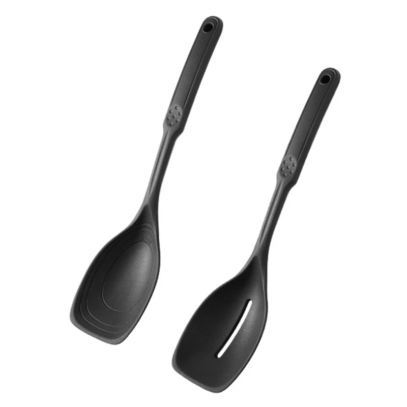 Silicone Cooking Spoon Non-Stick Slotted And Solid Spoon Set Spoon With Deep Bolw And Measurement Mark For Mixing, Serving