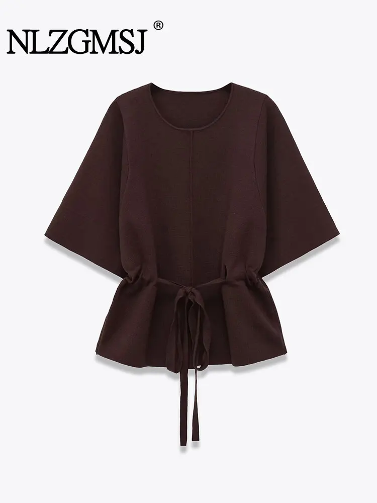 Nlzgmsj Autumn Vintage Office Lady Sweater Solid O-Neck Short Sleeve Knitted Sweater Drawstring Waist Fashion Tops