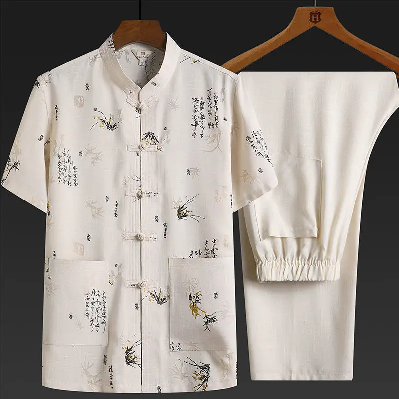 Men Spring Summer Chinese Traditional Tang Suit Mandarin Collar Kung Fu Wing Chun Garment Tops + Pants Set Tai Chi Shirt