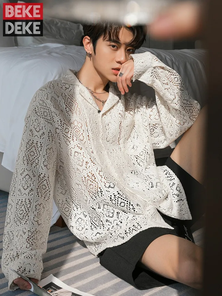 

Men Spring New Sexy Hollw Out Shirt Long Sleeve Loose Fit Tops Designer Holiday Shirts Breathable High Quality Chemise Homme