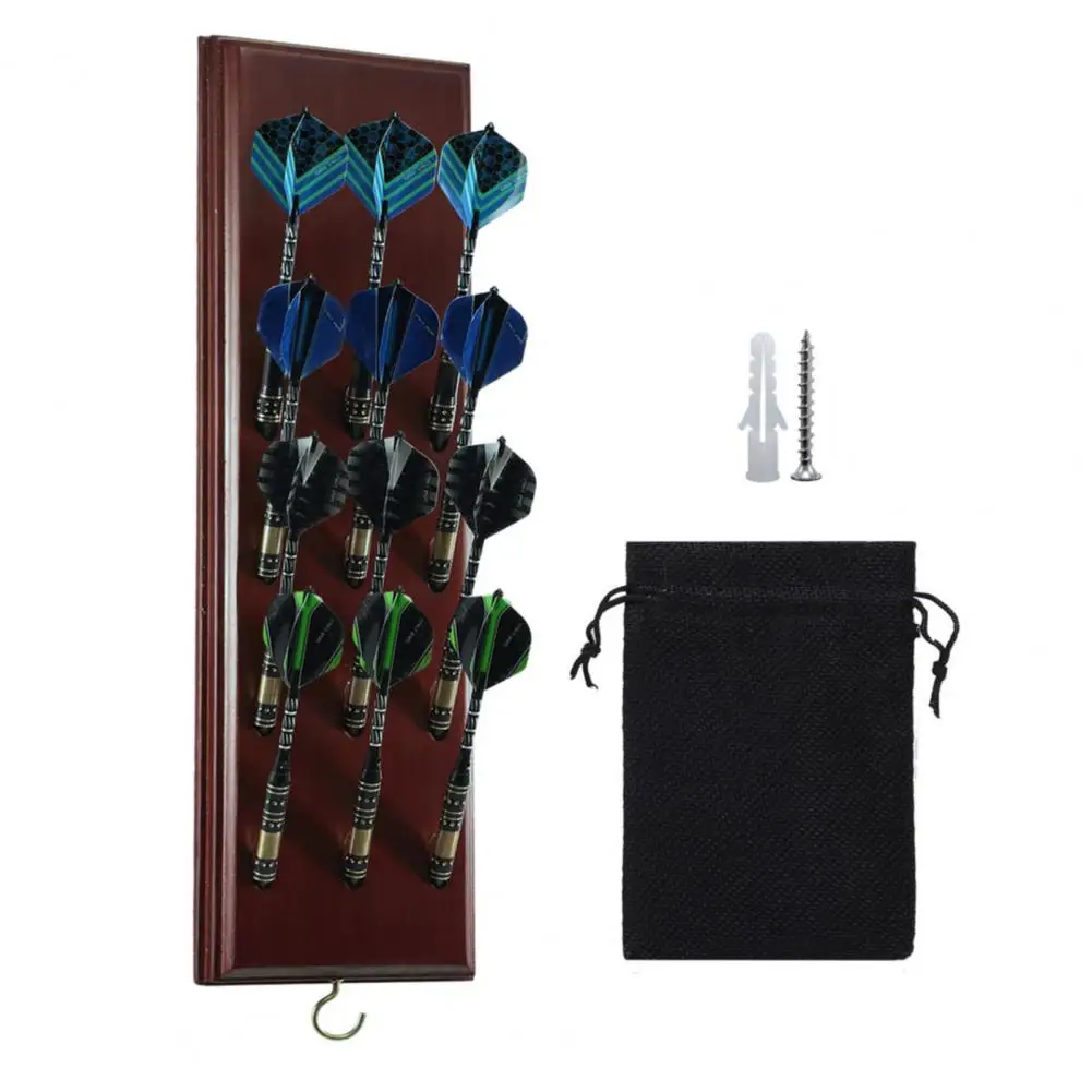 Kompaktowy organizer na rzutki Drewniany uchwyt na rzutki montowany na ścianie z metalowym haczykiem Stojak na akcesoria do przechowywania 12 stalowych/miękkich końcówek