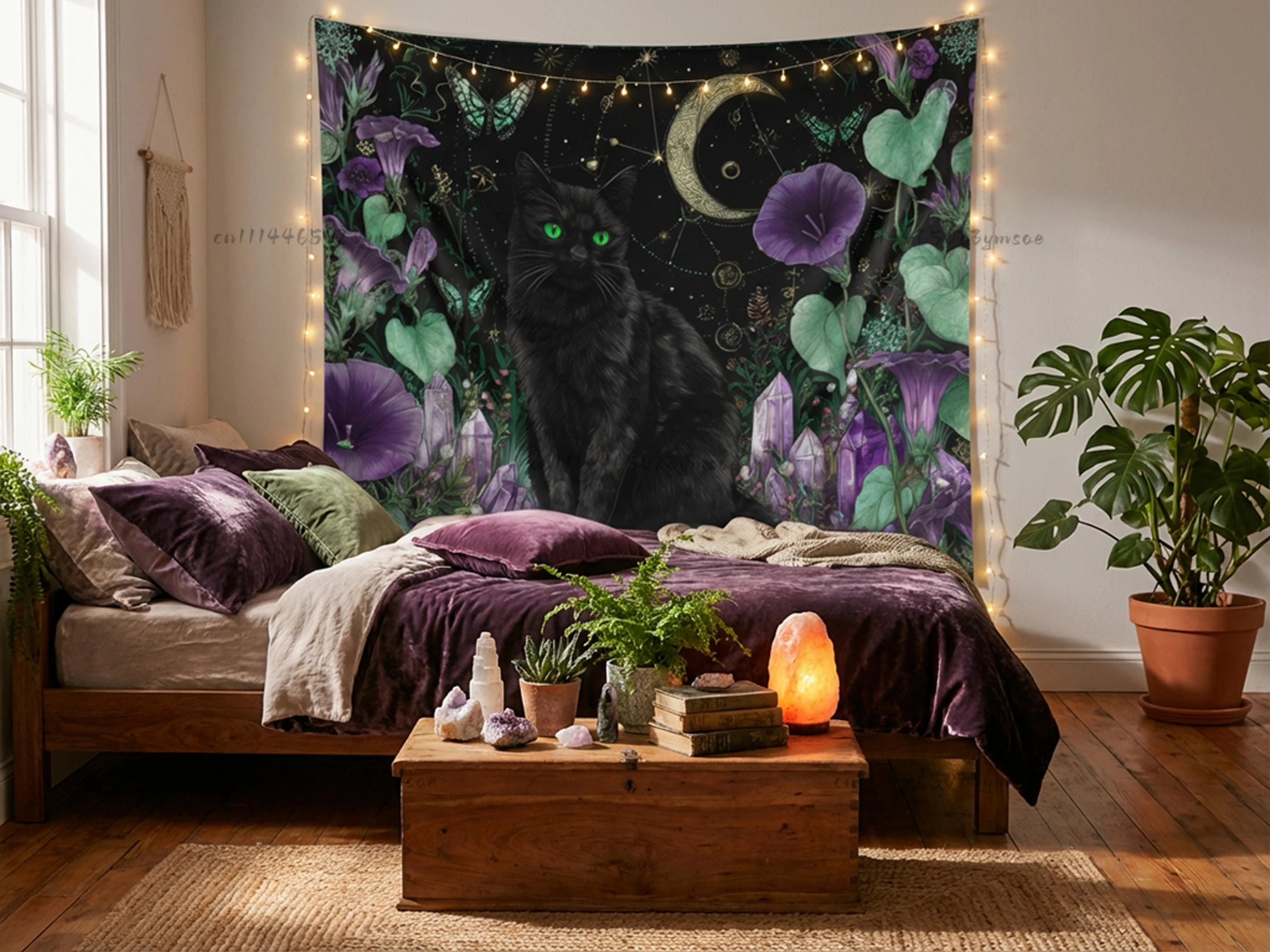 Creative Tapestry Mystical Black Cat Wall Tapestries With Purple Flowers Crystals Witchy Moon Garden Wall Hanging Flags Decor