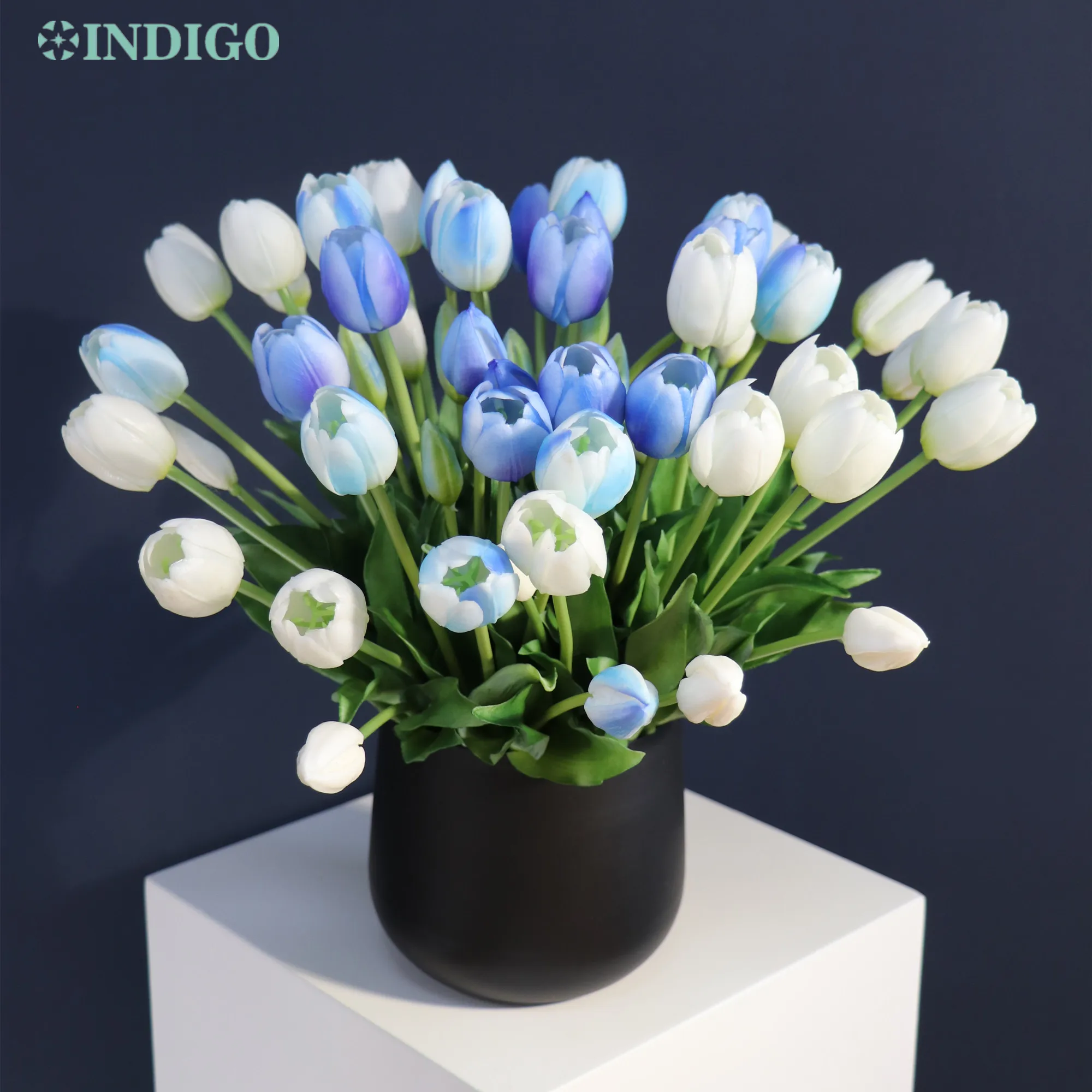 INDIGO-Purple Tulip Bonsai Silicone Flower,Table Decoration, Artificial Flower, Shop Window Display, 45Pcs Flowers + 1 Metal Pot