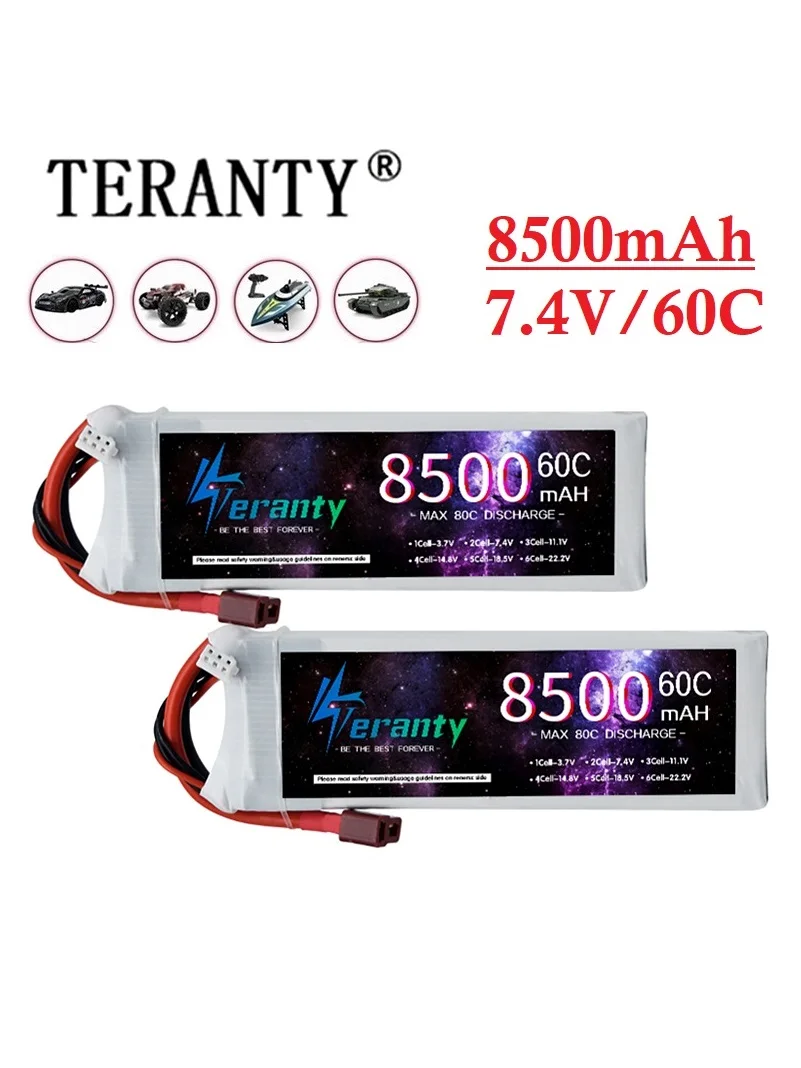 Teranty 7.4V 60C 8500mAh 2S Lipo Battery with T/XT60 Plug Cars Battery for RC Car Boat Truck Helicopter Airplane Racing Models