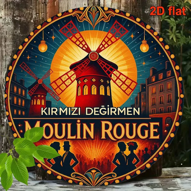 Placa Redonda Plana 2D, Placa Vintage sobre o tema "Moulin Rouge", Placa Decorativa Vintage Francesa, Adequada para Decorar Bares, Cafés