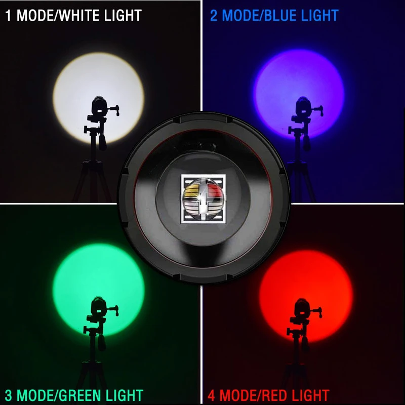 Strong Light LED Flashlight Telescopic Focusing Multifunction Torch Red/white/blue/green Four-color Light Source Outdoor Lantern