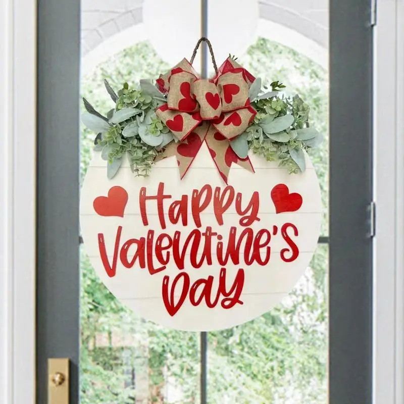 

Happy Valentine's Day Sign Wooden Romantic Door Wall Sign With Bow Welcome Wreath Wedding And Engagement Scene Props Sign