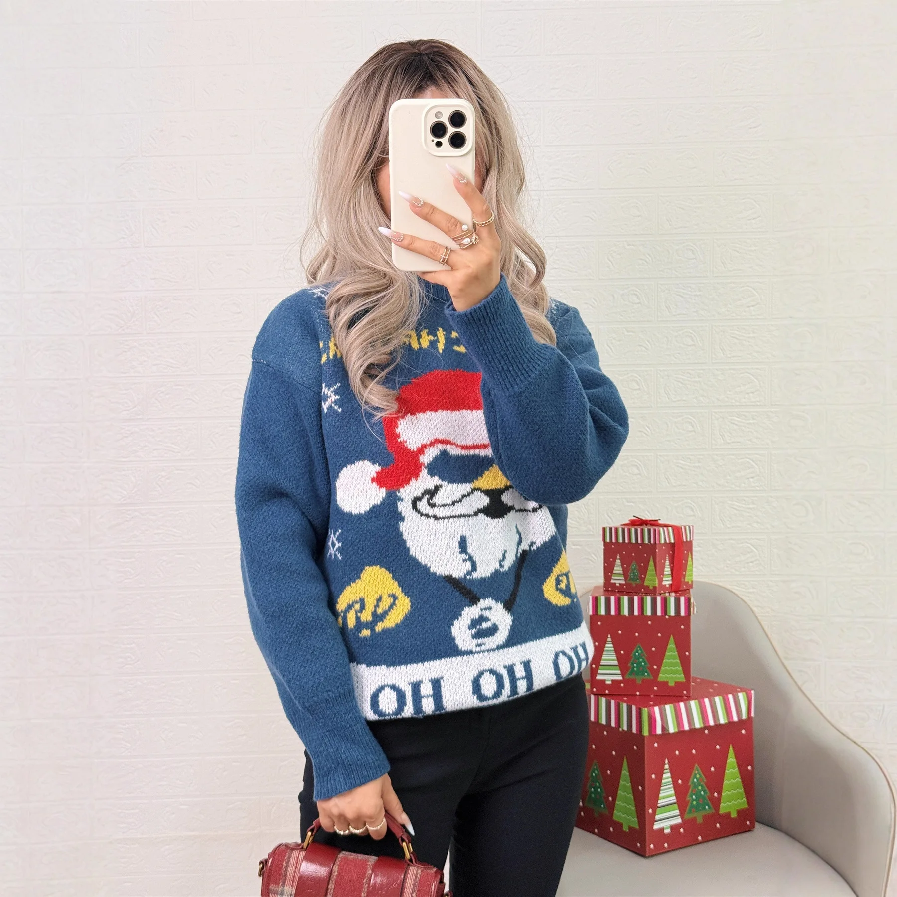

2025 New Santa Claus Knitted Sweater Round Neck Casual Loose Long Sleeve Color Block Women's Sweater