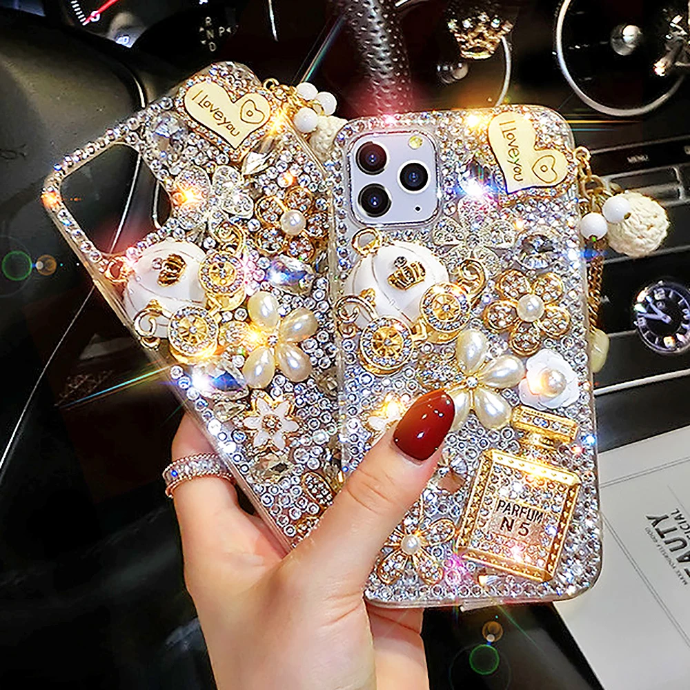 

Luxury Diamond Pumpkin Car Pearl Flower Pendant Phone Case Glitter Back Cover for iPhone 15 14 13 12 11 Pro Max X XR XS 7 8 Plus