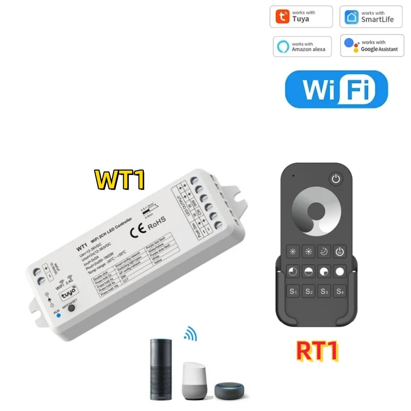 WT1 Tuya WiFi LED Dimmer Controller DC12V-36V 2CH Smart RT1/2 TW1/2 2.4G RF Wireless Remote Dimmer Switch WW CW CCT Controller