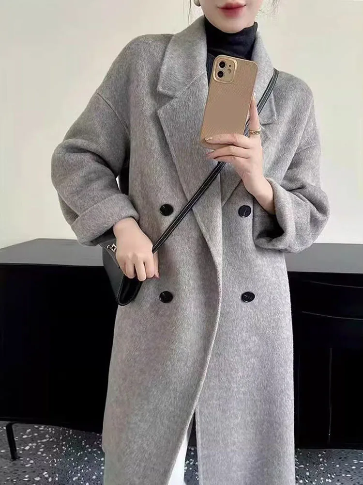 

Женские шерстяные пальто миди, корейские свободные повседневные двубортные элегантные винтажные верхняя одежда, однотонный эстетический офисный женский топ в стиле ретро
