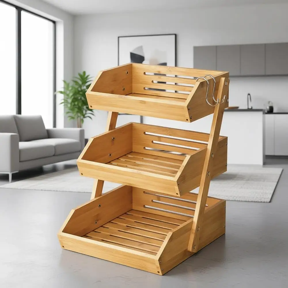 

3-Tier Bamboo Produce Basket - Sturdy Storage for Kitchen with Hangers, Ideal for Fruits, Vegetables, Bread, and Snacks
