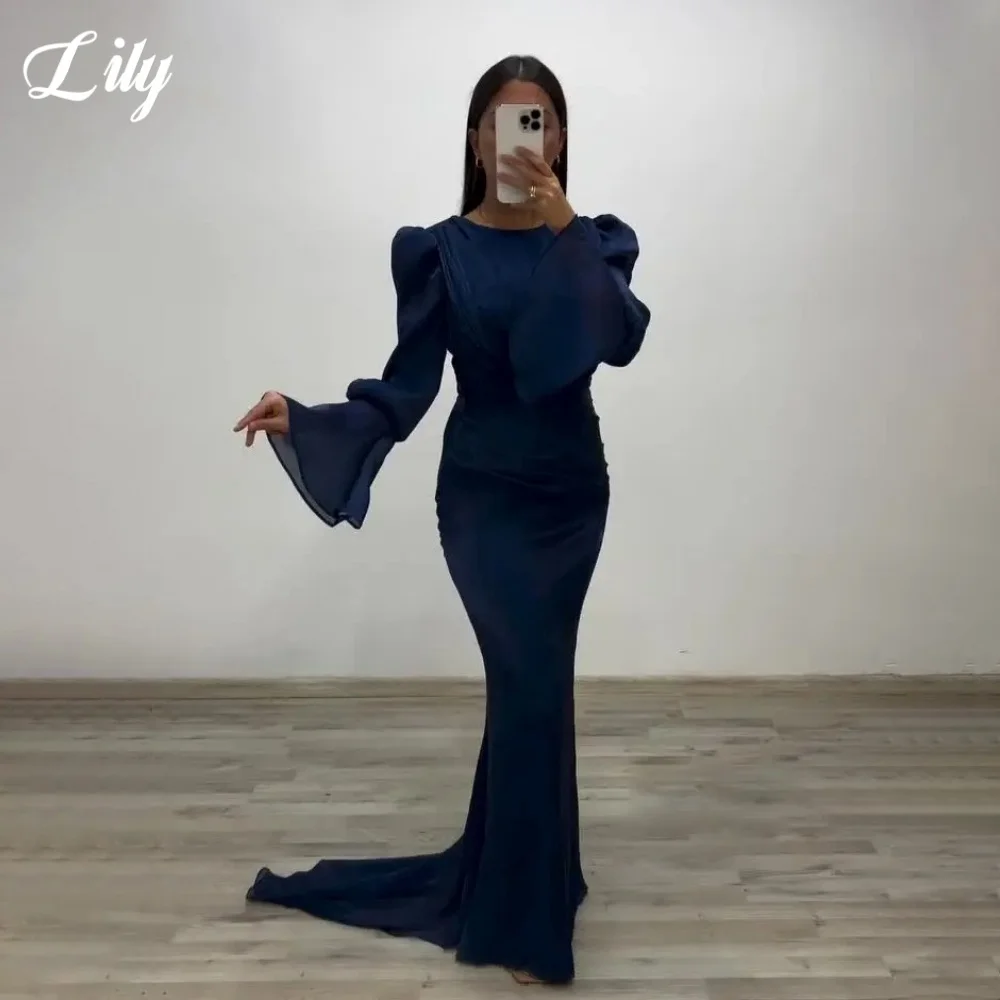 

Lily Navy Blue Elegant Prom Dress O-Neck Long Sleeves Mermaid Evening Dresses Pleating Formal Gowns for Woman 프롬 드레스 Customized