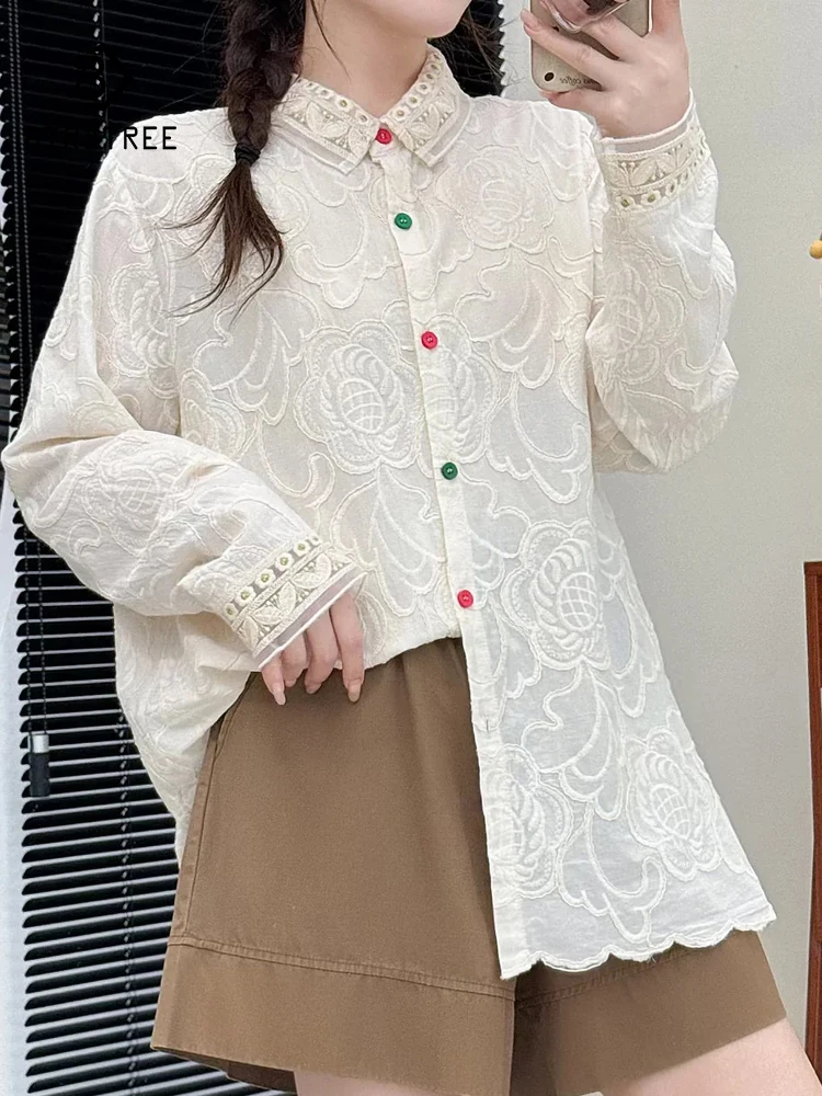 

New 2025 Autumn Cotton Long Sleeve Shirt, Women Turn-down Collar Embroidery, Mori Girl Fashion OL Commute Loose Blouse T58684CC