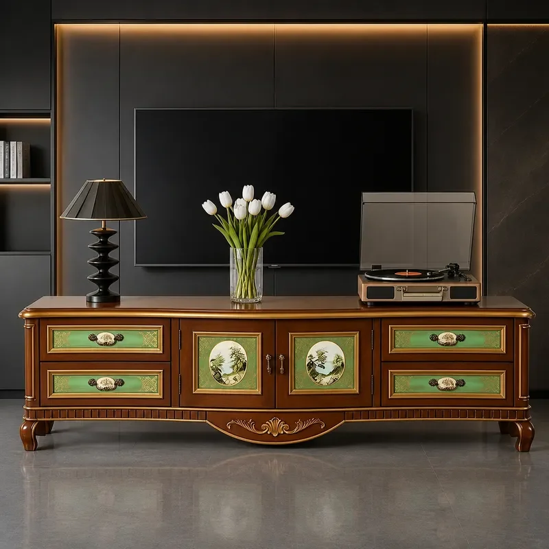 American Retro Green Gold Engraved Floral 4 Drawer Cabinet Living Room Storage Locker TV Stand Decorative Furniture