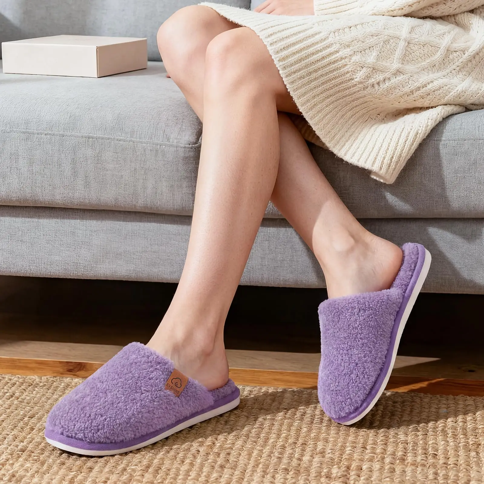 Shevalues Winter-Plüsch-Hausschuhe für Damen, warme Indoor-Slipper mit flachem Boden, flauschige, bequeme Baumwoll-Hausschuhe für Damen – Detail 15