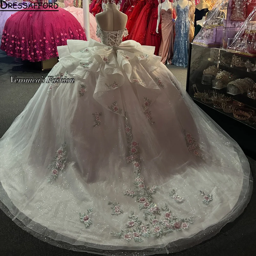 

Пышное платье для выпускного бала/квинсеаньеры с кружевными аппликациями и пайетками, мексиканское платье для Sweet 16, с открытыми плечами и бантом, Vestidos De 15 Años, на заказ