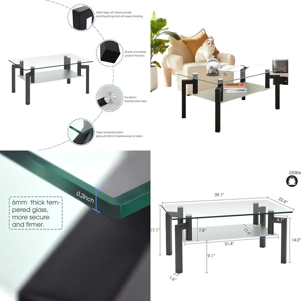 

Tempered Glass Coffee Table with Metal Legs, 2-Tier Design for Living Room, Accent and Cocktail Table in Black