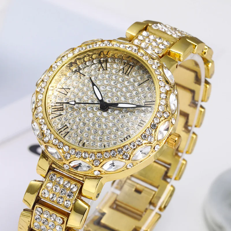 Stylish Women Watch Trend Bling Leaves Shape Watchband Personality Light Luxury Wrist Watch Bracelet Jewelry Set Gift Box