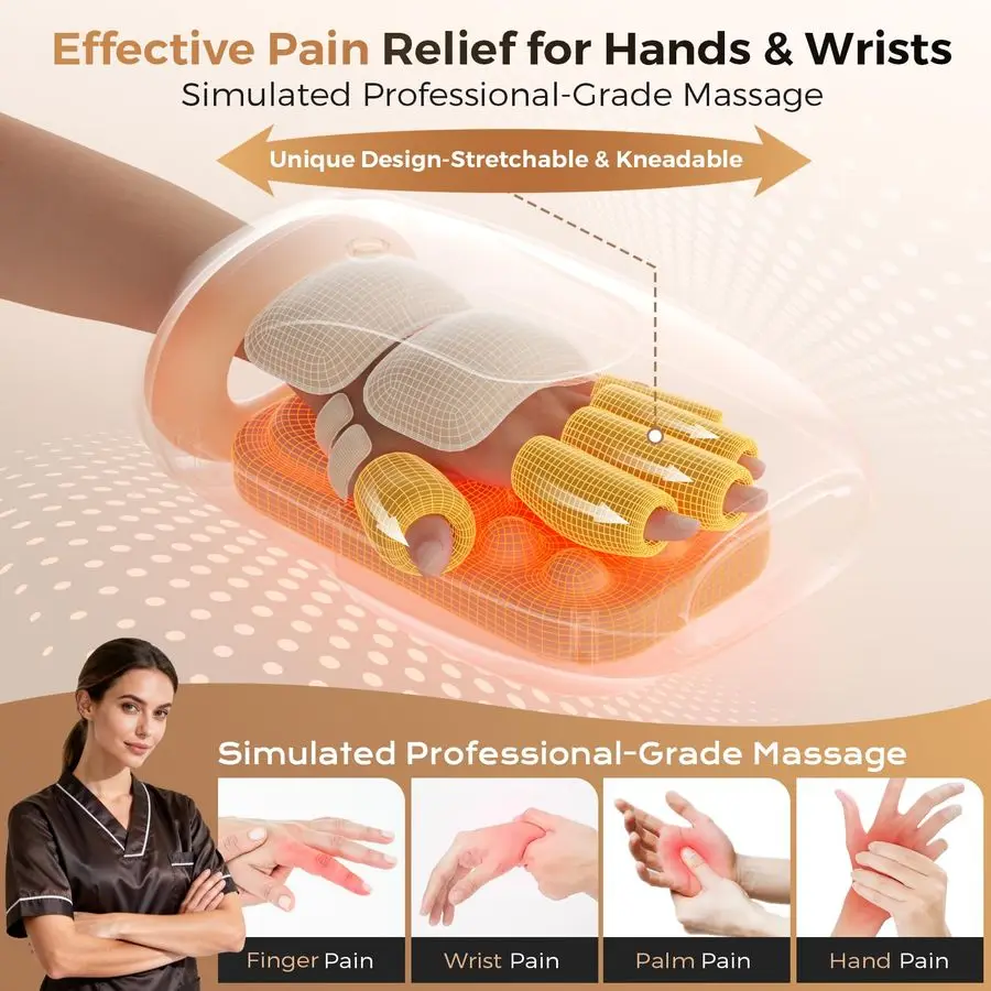 温熱と圧縮機能付きマッサージ器、4000mAh充電式バッテリー、心地よい揉みほぐしとストレッチ、手のひら、指、手首のマッサージ