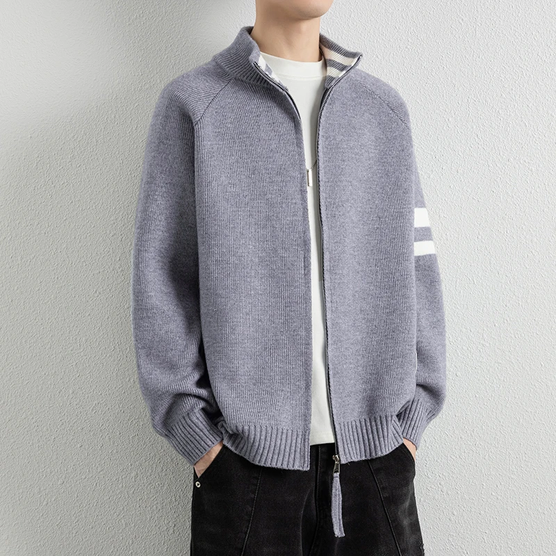 

Striped Jacket Men's Knitted Cardigan Spring Autumn American Fashion Brand Stand Up Collar Contrasting Sweater Casual Sweater