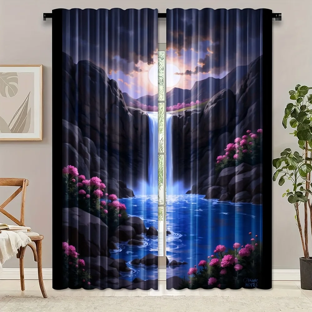 2pcs Cherry Blossom Waterfall Curtains with Rod Pocket - Artistic Polyester Fabric Design, Semi-Transparent, Modern Home Styling
