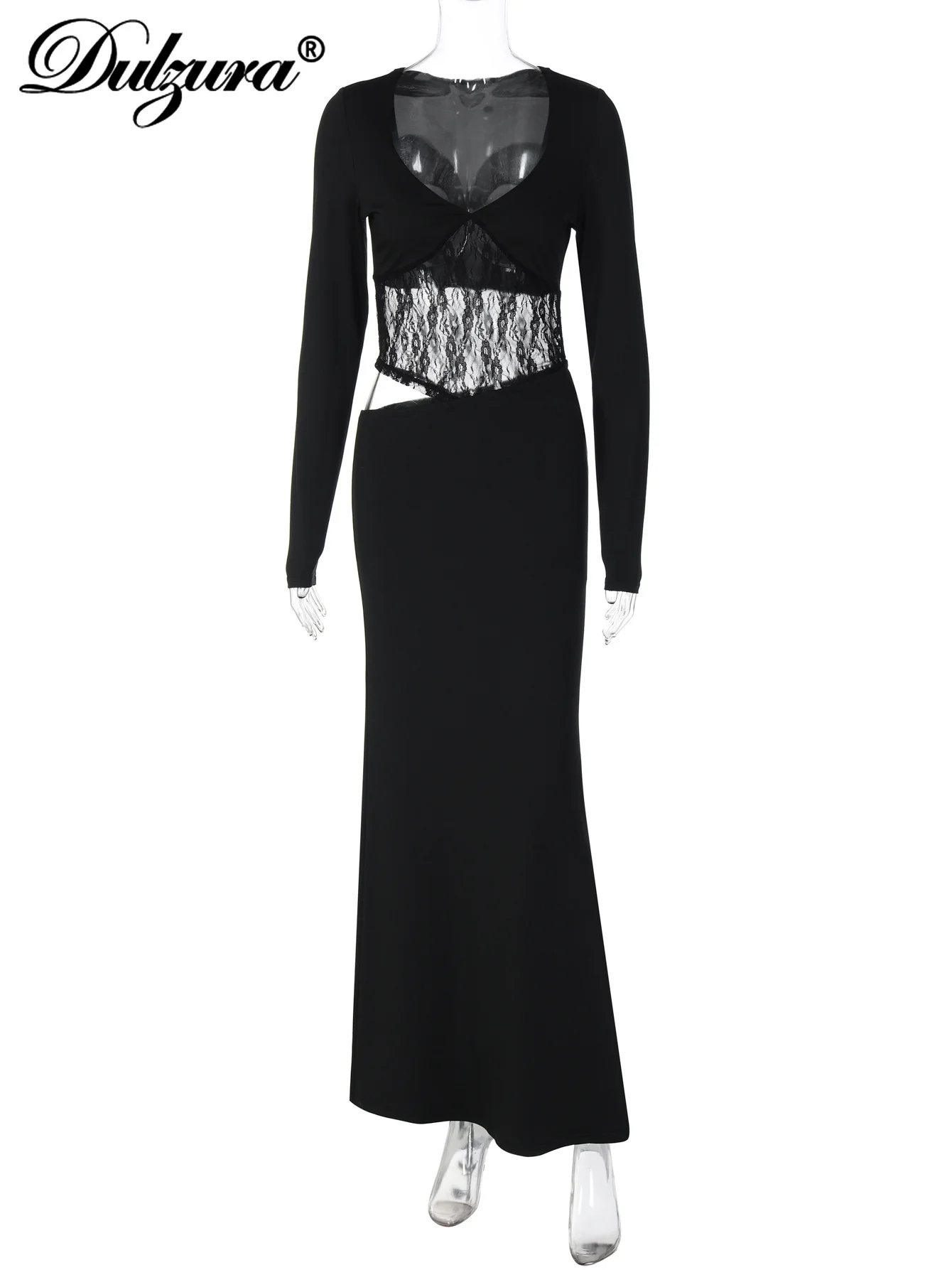 Dulzura 2025, Herbstmode, sexy V-Ausschnitt, lange Ärmel, Ausschnitt, schlanke Spitze, durchsichtig, Patchwork, langes Kleid, Party, Club, Straßenkleidung