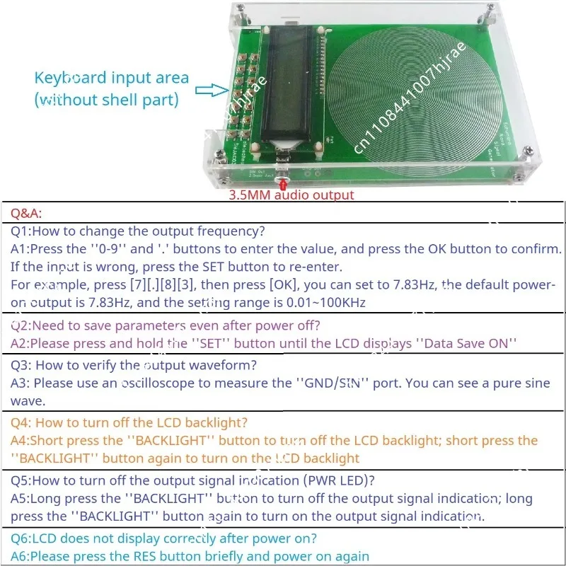 New Schumann Resonance Pulse Sine Wave Generator Acrylic Case 7.83HZ 0.01Hz-100KHz With 3.5MM Audio OutputSignalGeneratingModule