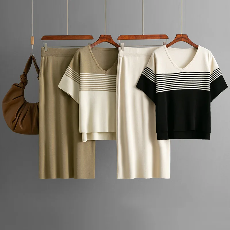 

Модные вязаные комплекты, женские комплекты из двух предметов, полосатый свитер с v-образным вырезом, юбки с эластичной резинкой на талии, повседневные вязаные костюмы, уличная женская одежда B363